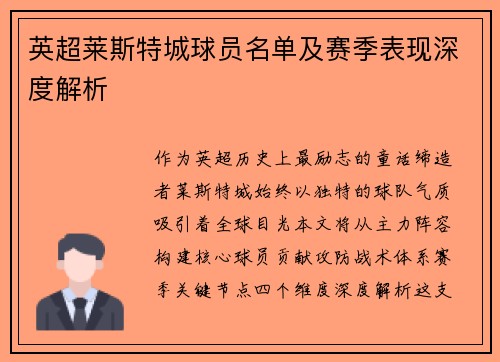 英超莱斯特城球员名单及赛季表现深度解析